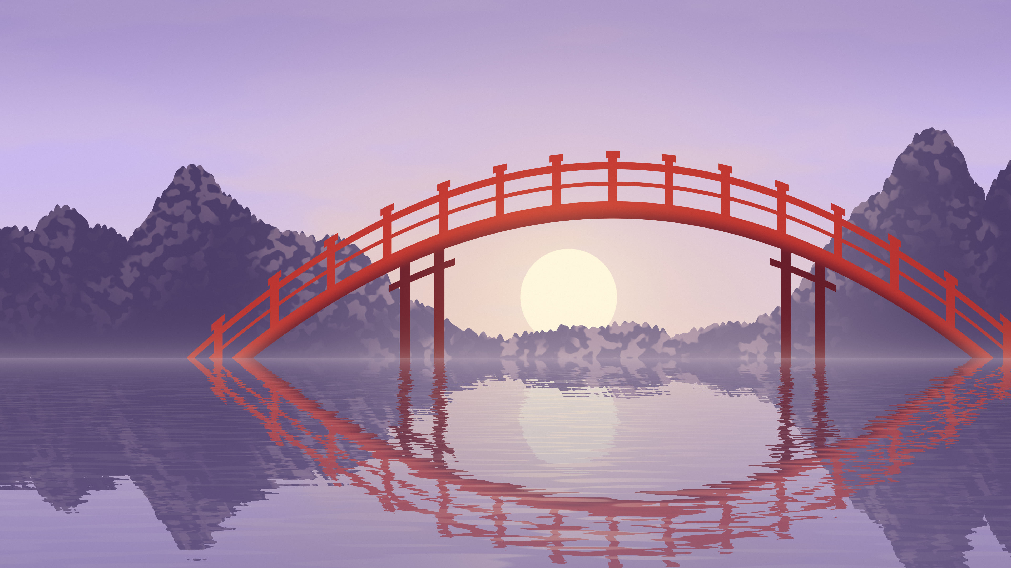 Lavender Japanese Garden Bridge desktop wallpaper in 4K