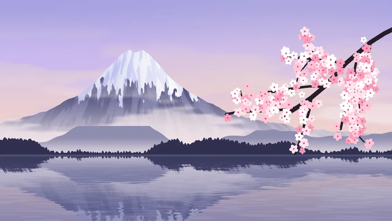 Lavender Japanese Mountain and Cherry Blossom desktop wallpaper in 4K