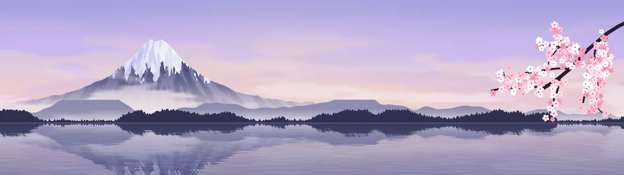 Lavender Japanese Mountain and Cherry Blossom dual monitor wallpaper, 7680 × 2160