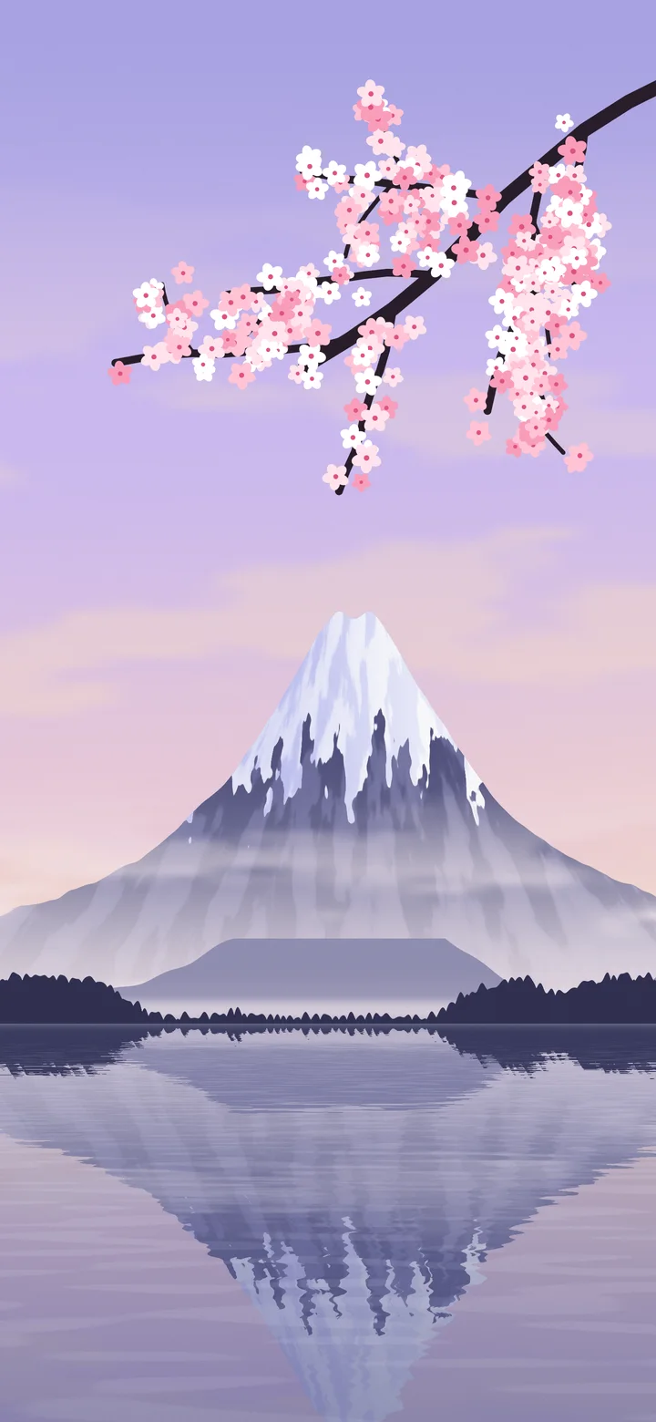 Lavender Japanese Mountain and Cherry Blossom wallpaper for iPhone and Android