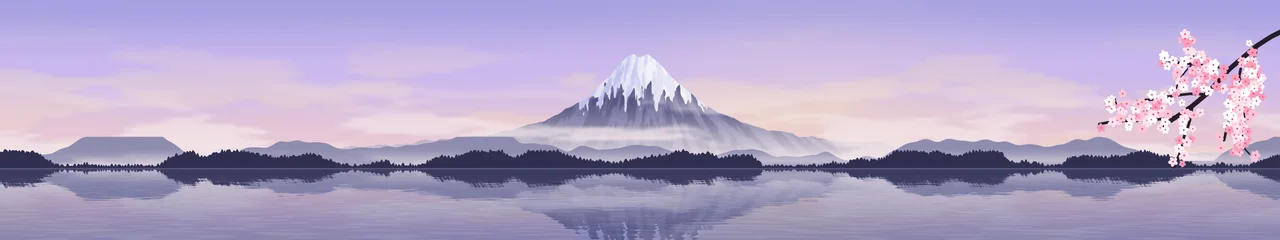 Lavender Japanese Mountain and Cherry Blossom triple monitor wallpaper, 7680 × 1440