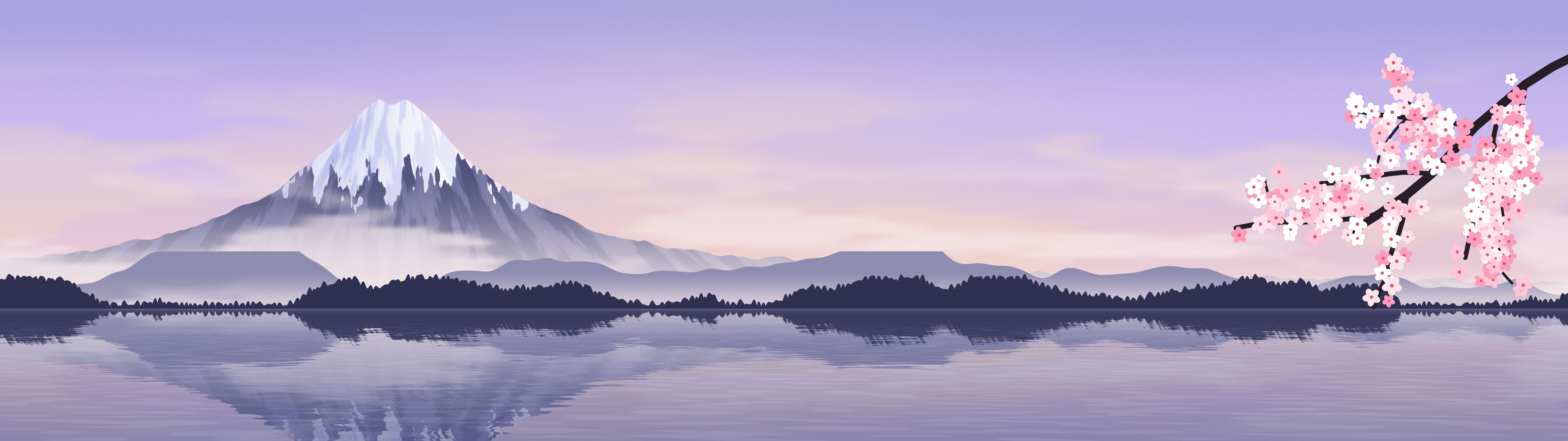Lavender Japanese Mountain and Cherry Blossom dual monitor wallpaper, 7680 × 2160