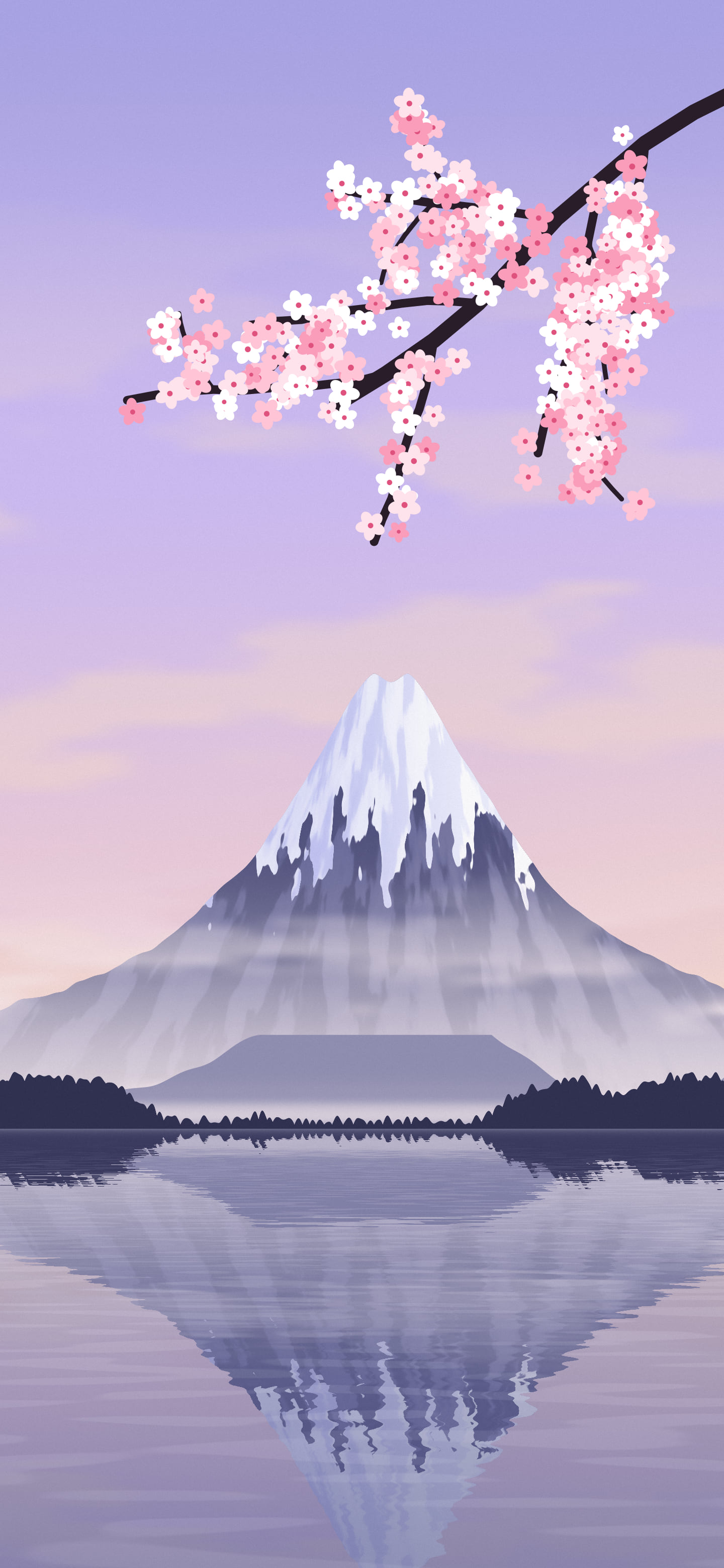 Lavender Japanese Mountain and Cherry Blossom wallpaper for iPhone and Android