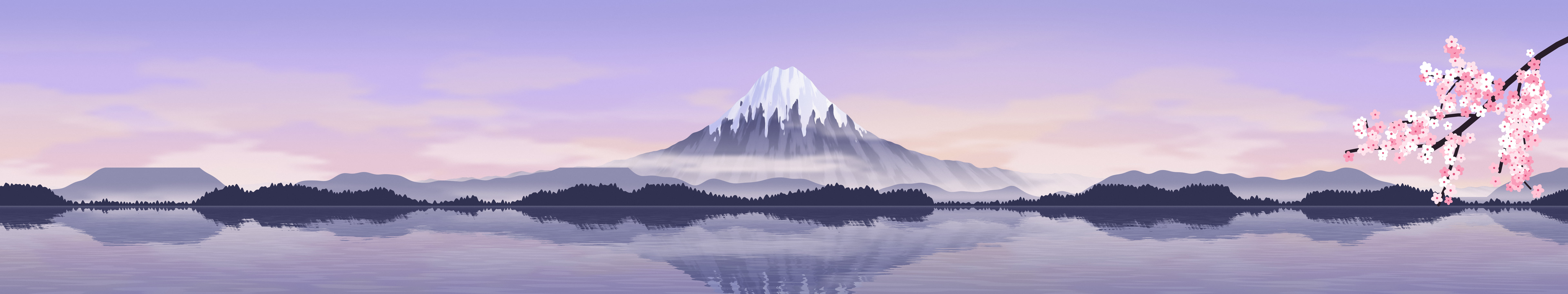 Lavender Japanese Mountain and Cherry Blossom triple monitor wallpaper, 7680 × 1440