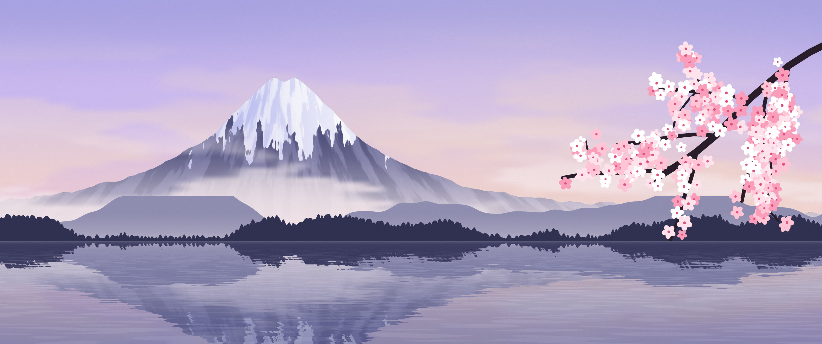 Lavender Japanese Mountain and Cherry Blossom ultrawide wallpaper, 3440 × 1440