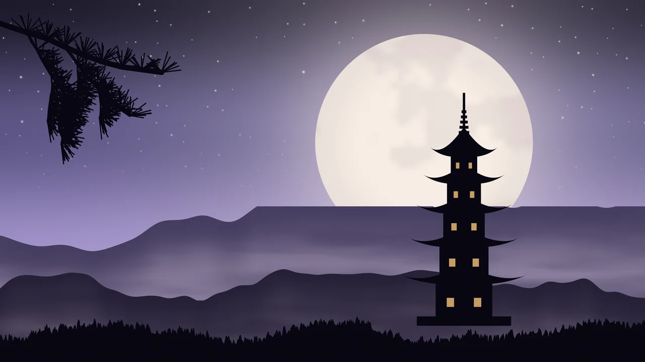 Lavender Japanese Pagoda and Moon desktop wallpaper in 4K