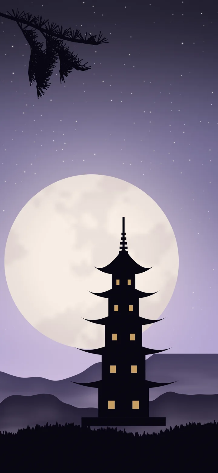 Lavender Japanese Pagoda and Moon wallpaper for iPhone and Android