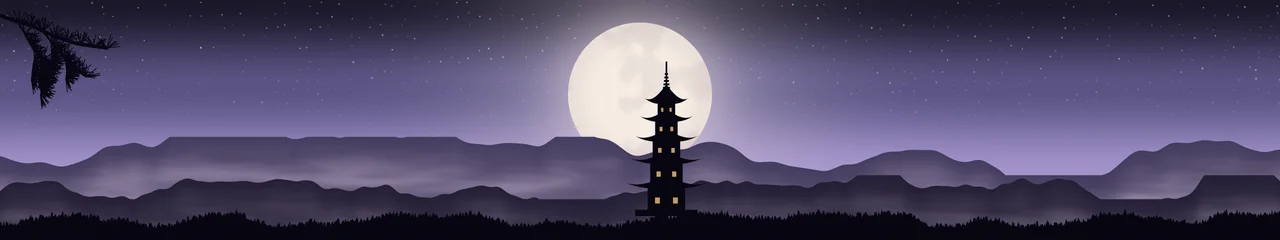 Lavender Japanese Pagoda and Moon triple monitor wallpaper, 7680 × 1440