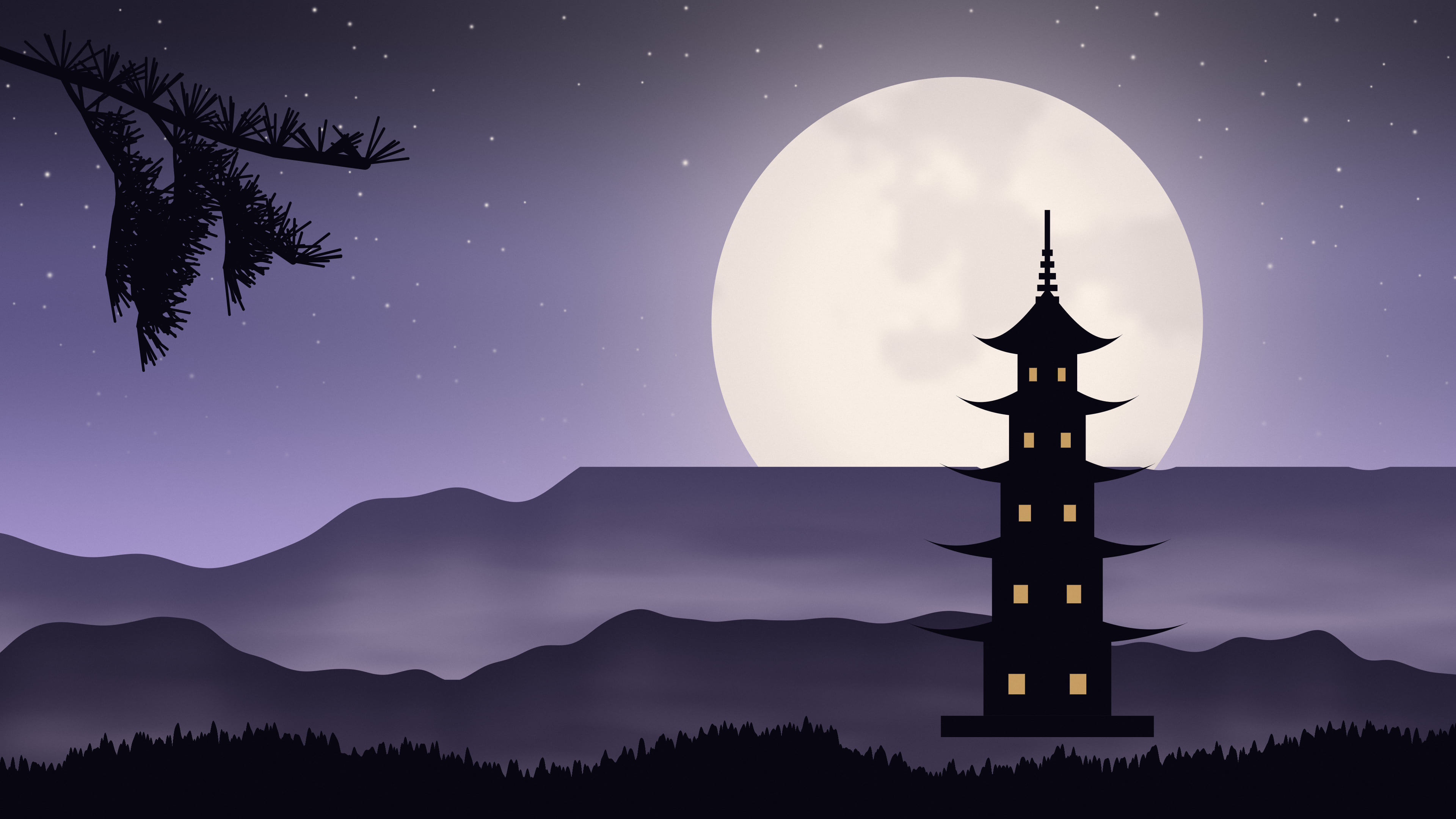 Lavender Japanese Pagoda and Moon desktop wallpaper in 4K