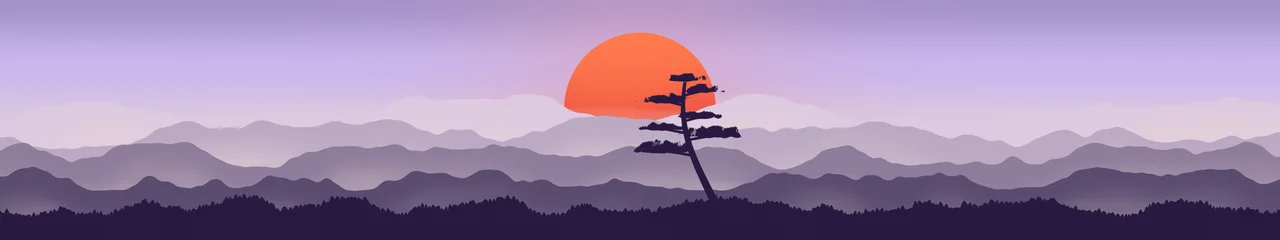 Lavender Japanese Sun and Misty Mountains triple monitor wallpaper, 7680 × 1440