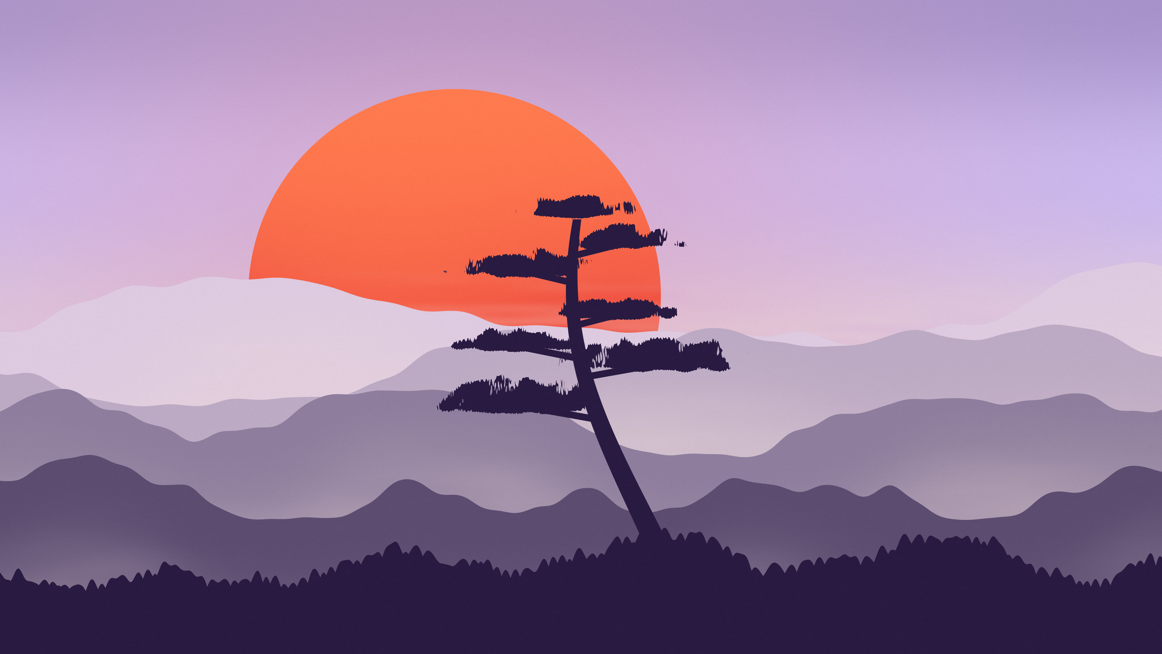 Lavender Japanese Sun and Misty Mountains desktop wallpaper in 4K