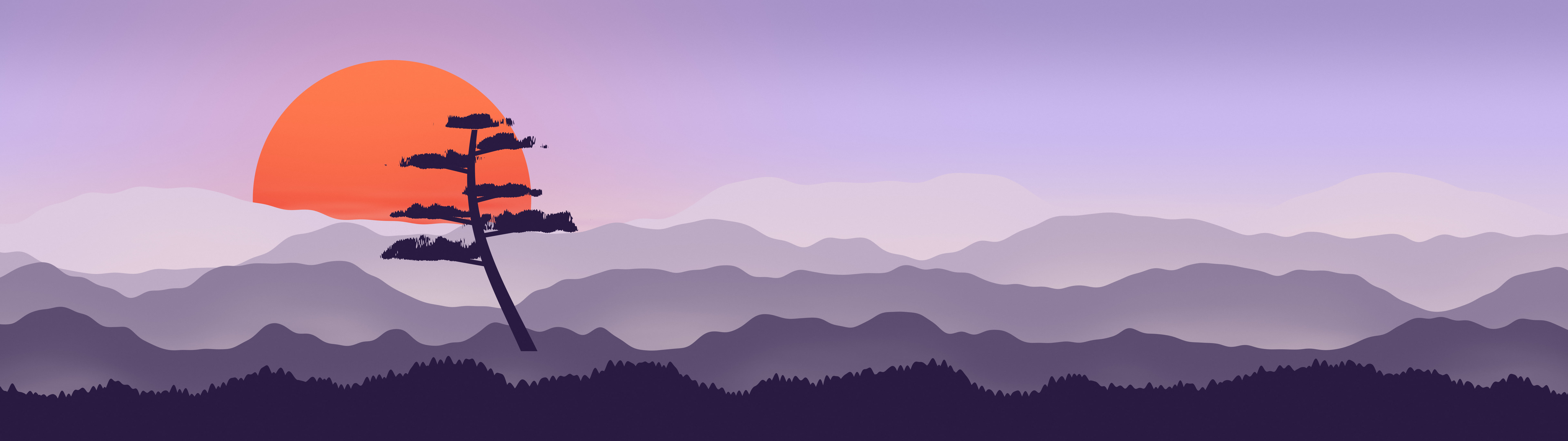Lavender Japanese Sun and Misty Mountains dual monitor wallpaper, 7680 × 2160