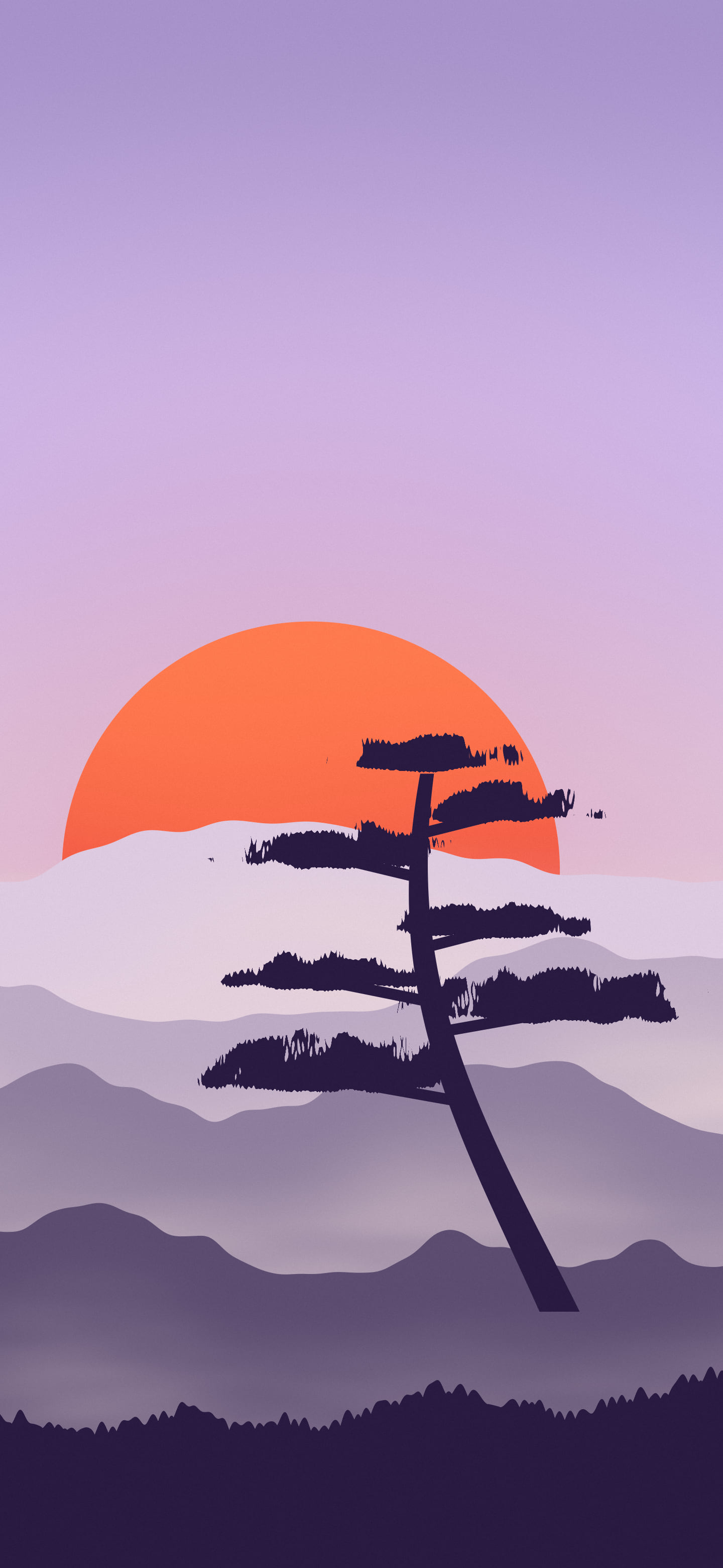 Lavender Japanese Sun and Misty Mountains wallpaper for iPhone and Android