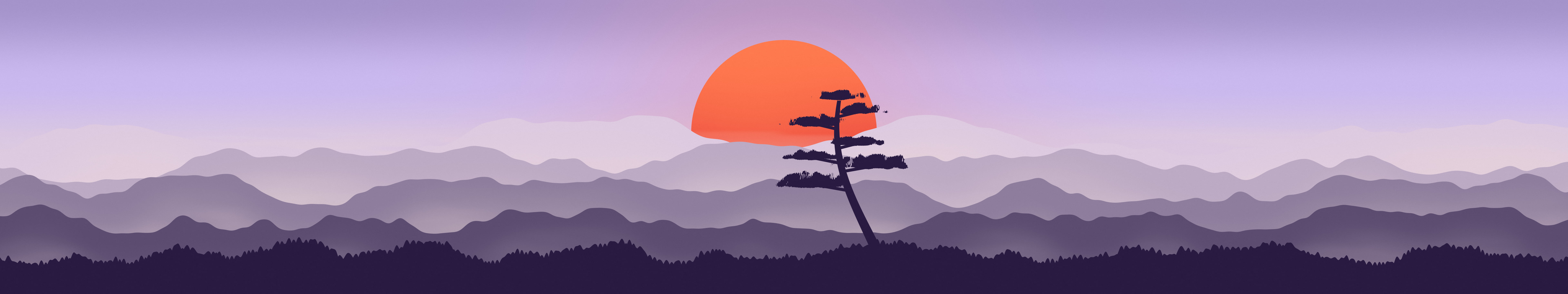 Lavender Japanese Sun and Misty Mountains triple monitor wallpaper, 7680 × 1440