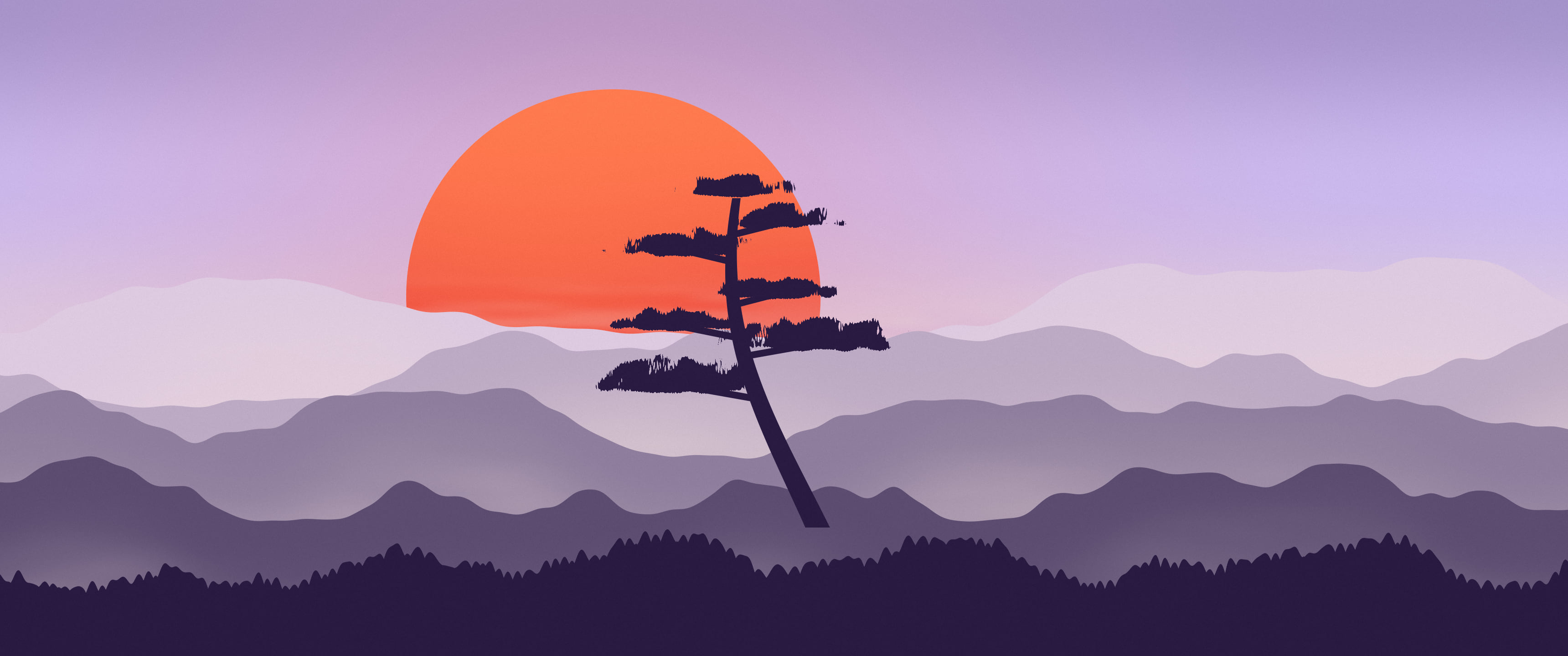 Lavender Japanese Sun and Misty Mountains ultrawide wallpaper, 3440 × 1440