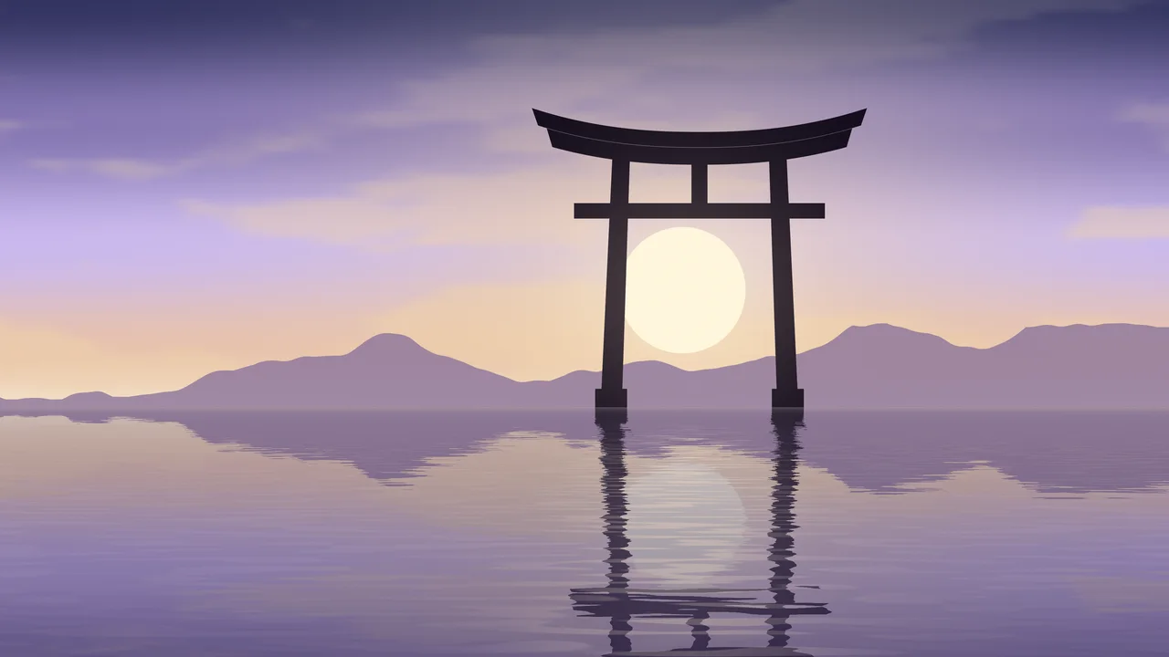 Lavender Japanese Torii Gate Sunset desktop wallpaper in 4K