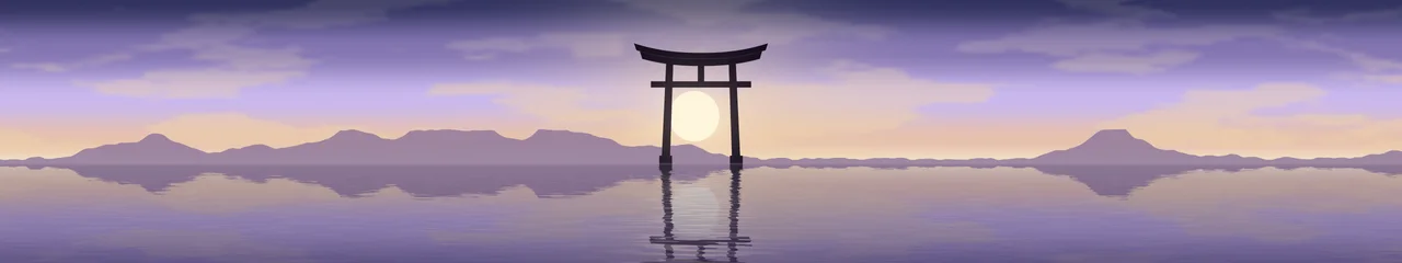 Lavender Japanese Torii Gate Sunset triple monitor wallpaper, 7680 × 1440