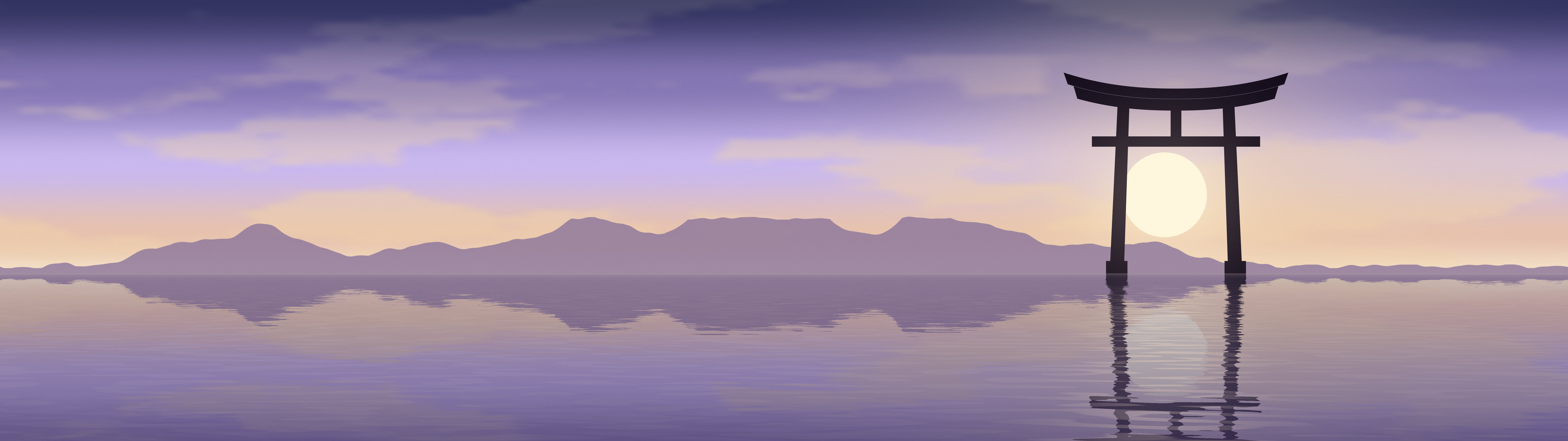 Lavender Japanese Torii Gate Sunset dual monitor wallpaper, 7680 × 2160