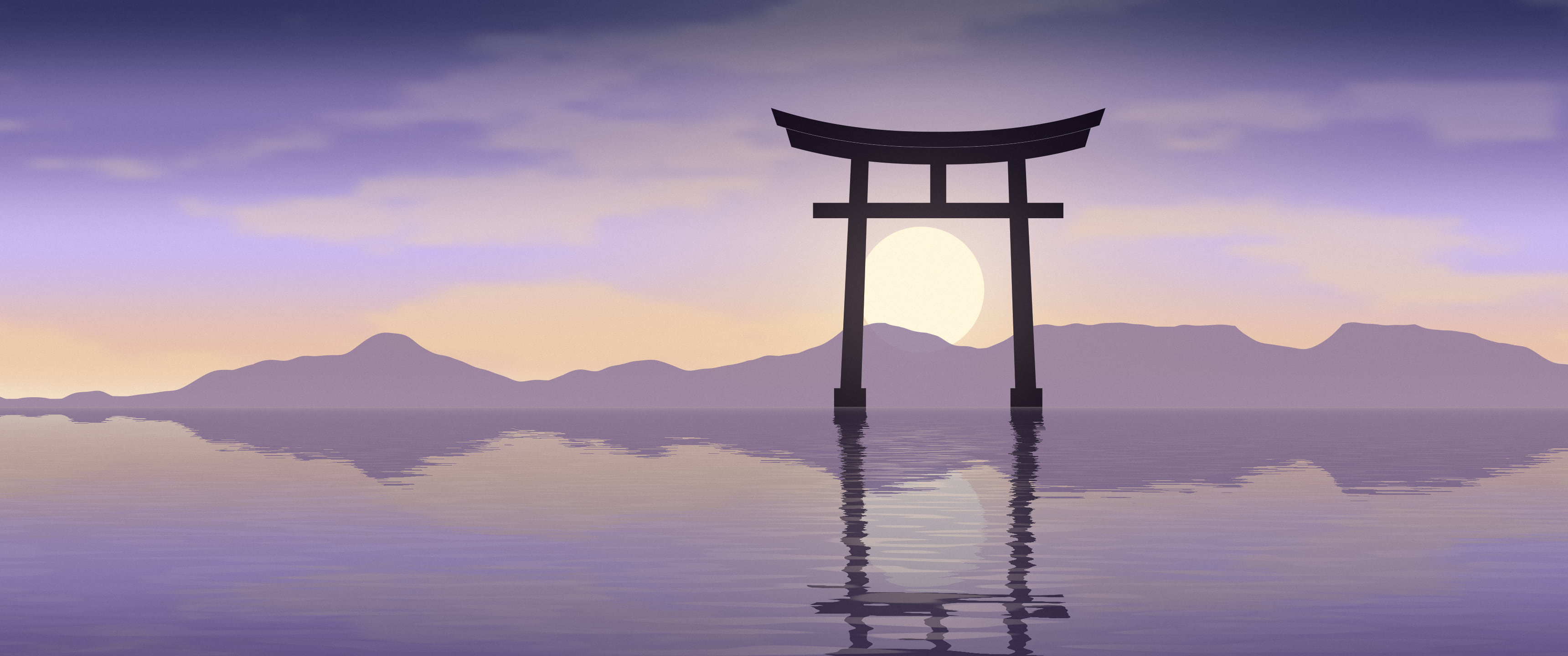 Lavender Japanese Torii Gate Sunset ultrawide wallpaper, 3440 × 1440