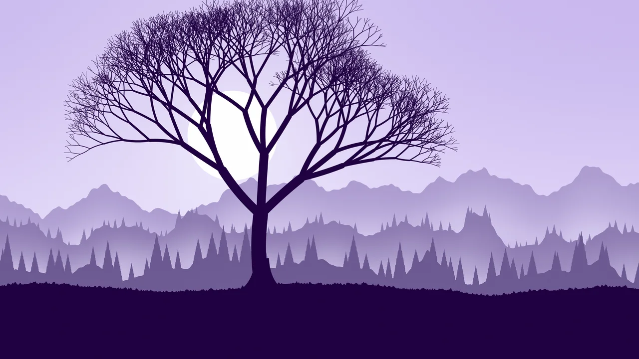 Lavender Lone Tree in Fog desktop wallpaper in 4K