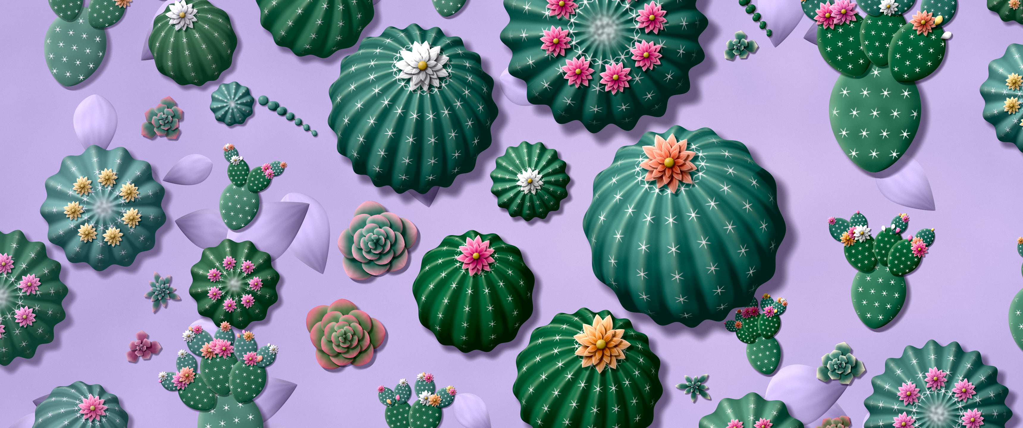 Lavender Paper Cactus and Succulents ultrawide wallpaper, 3440 × 1440