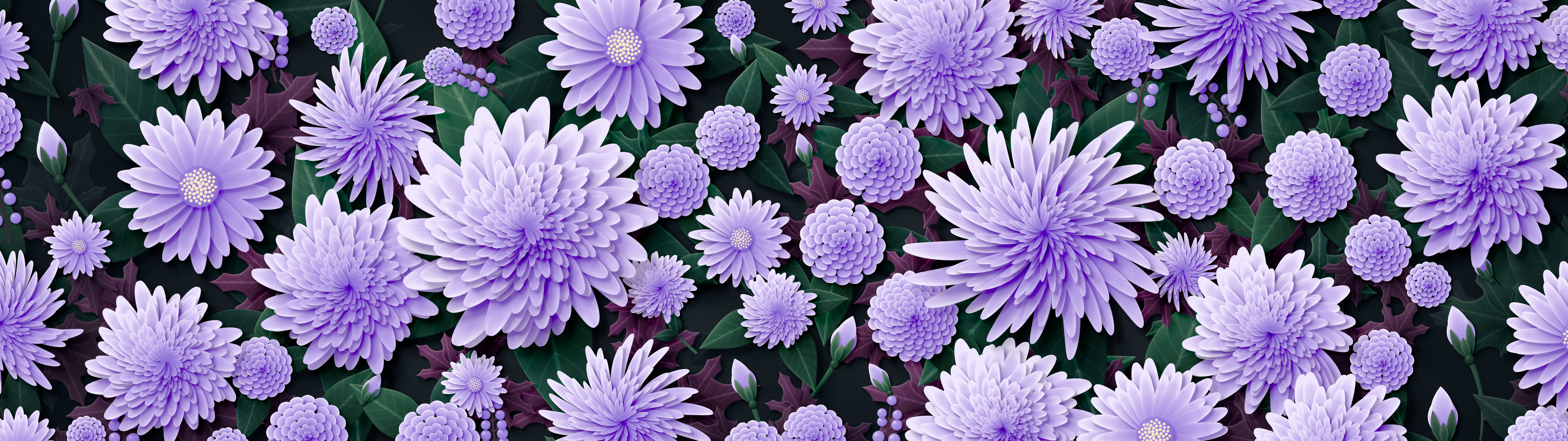 Lavender Paper Chrysanthemums dual monitor wallpaper, 7680 × 2160