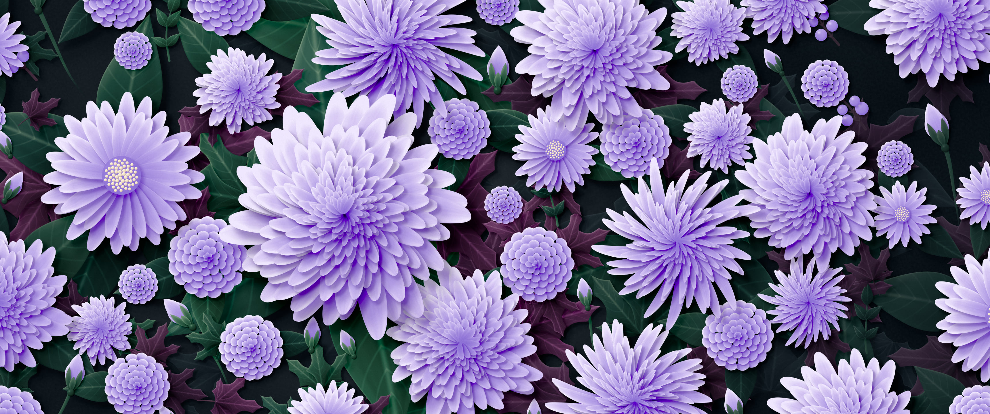Lavender Paper Chrysanthemums ultrawide wallpaper, 3440 × 1440