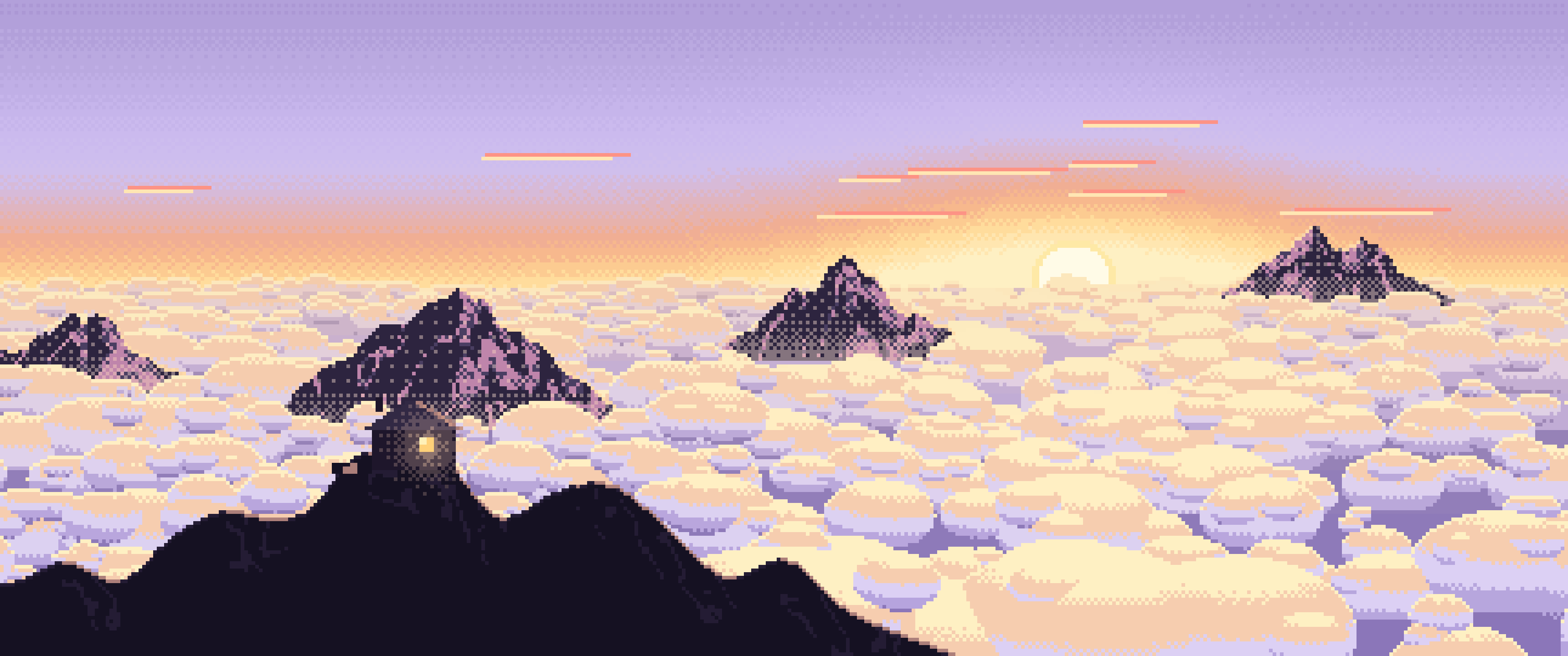 Lavender Pixel Art Above the Clouds at Sunrise ultrawide wallpaper, 3440 × 1440