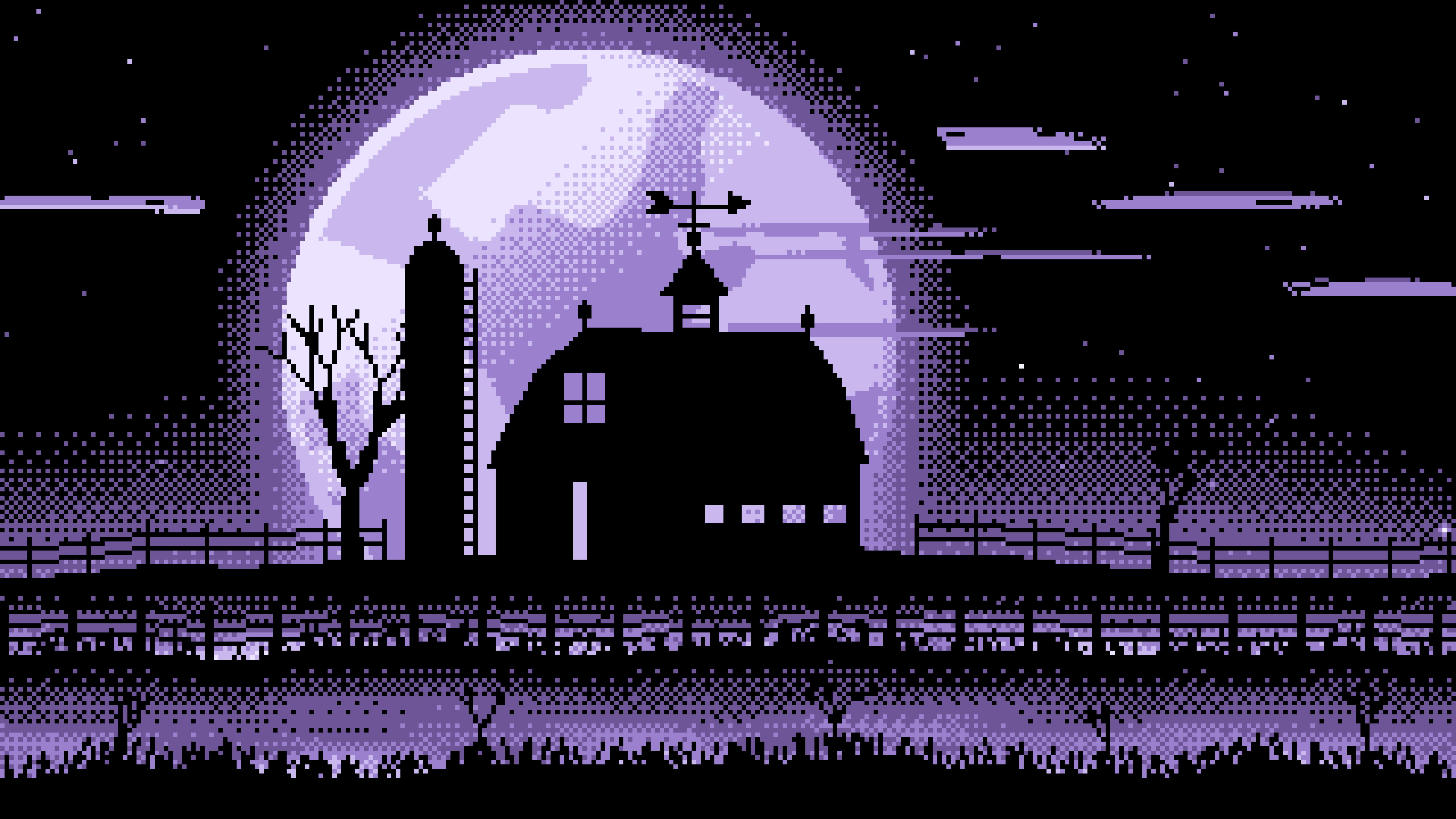 Lavender Pixel Art Barn and Harvest Moon desktop wallpaper in 4K