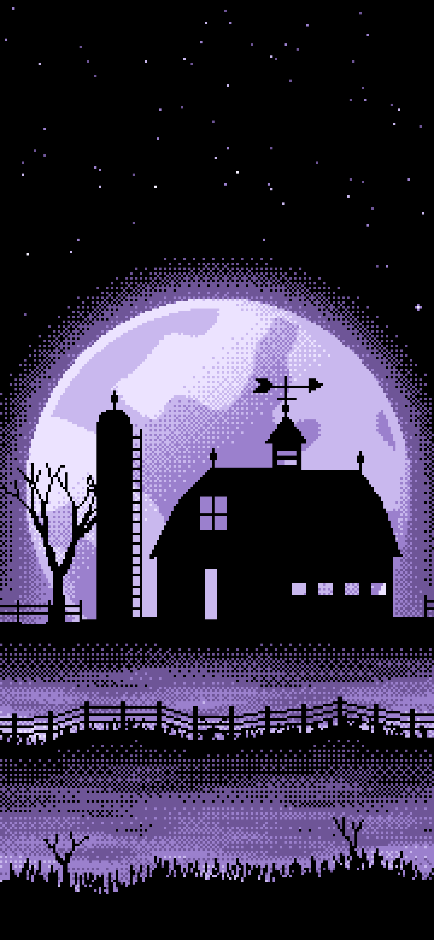 Lavender Pixel Art Barn and Harvest Moon wallpaper for iPhone and Android