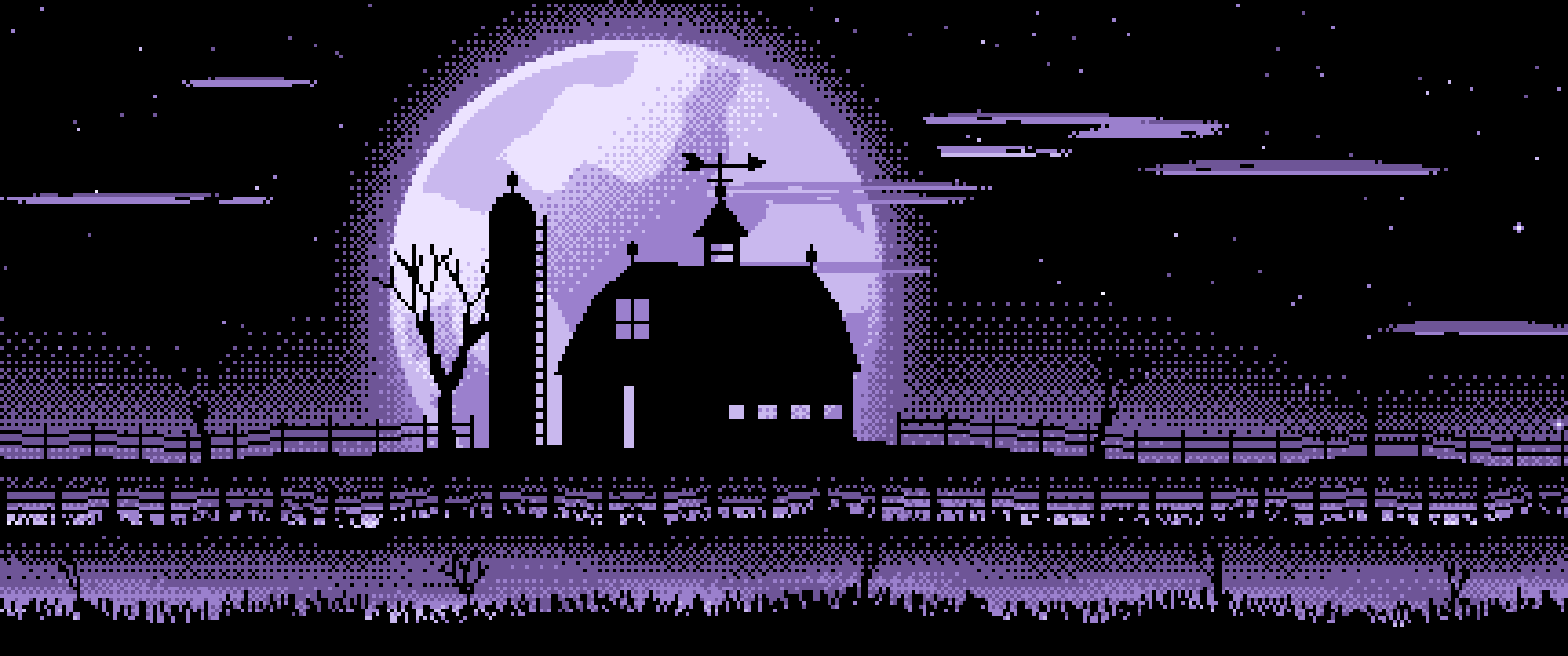 Lavender Pixel Art Barn and Harvest Moon ultrawide wallpaper, 3440 × 1440