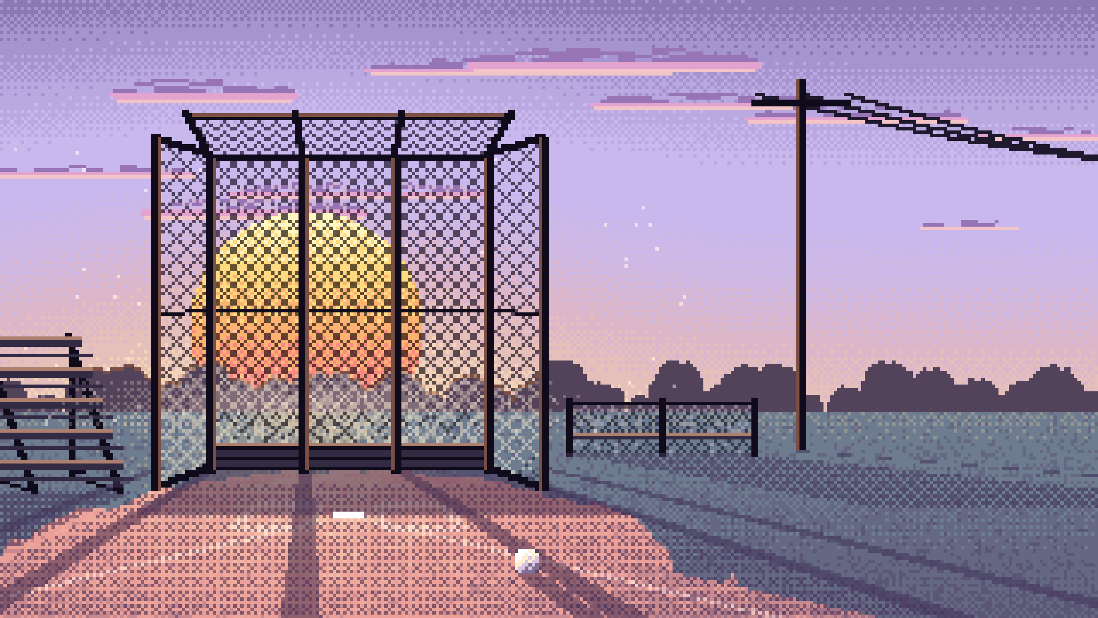Lavender Pixel Art Baseball Backstop at Sunset desktop wallpaper in 4K