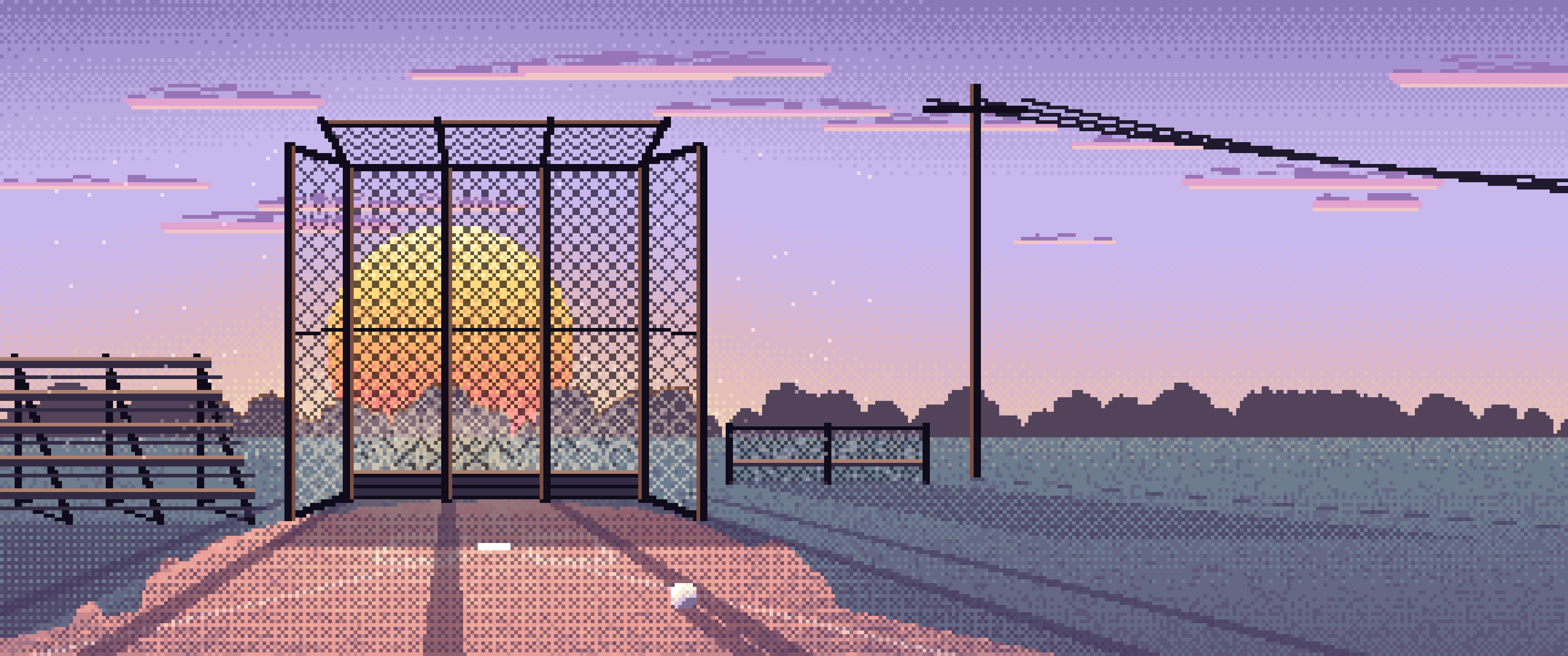 Lavender Pixel Art Baseball Backstop at Sunset ultrawide wallpaper, 3440 × 1440