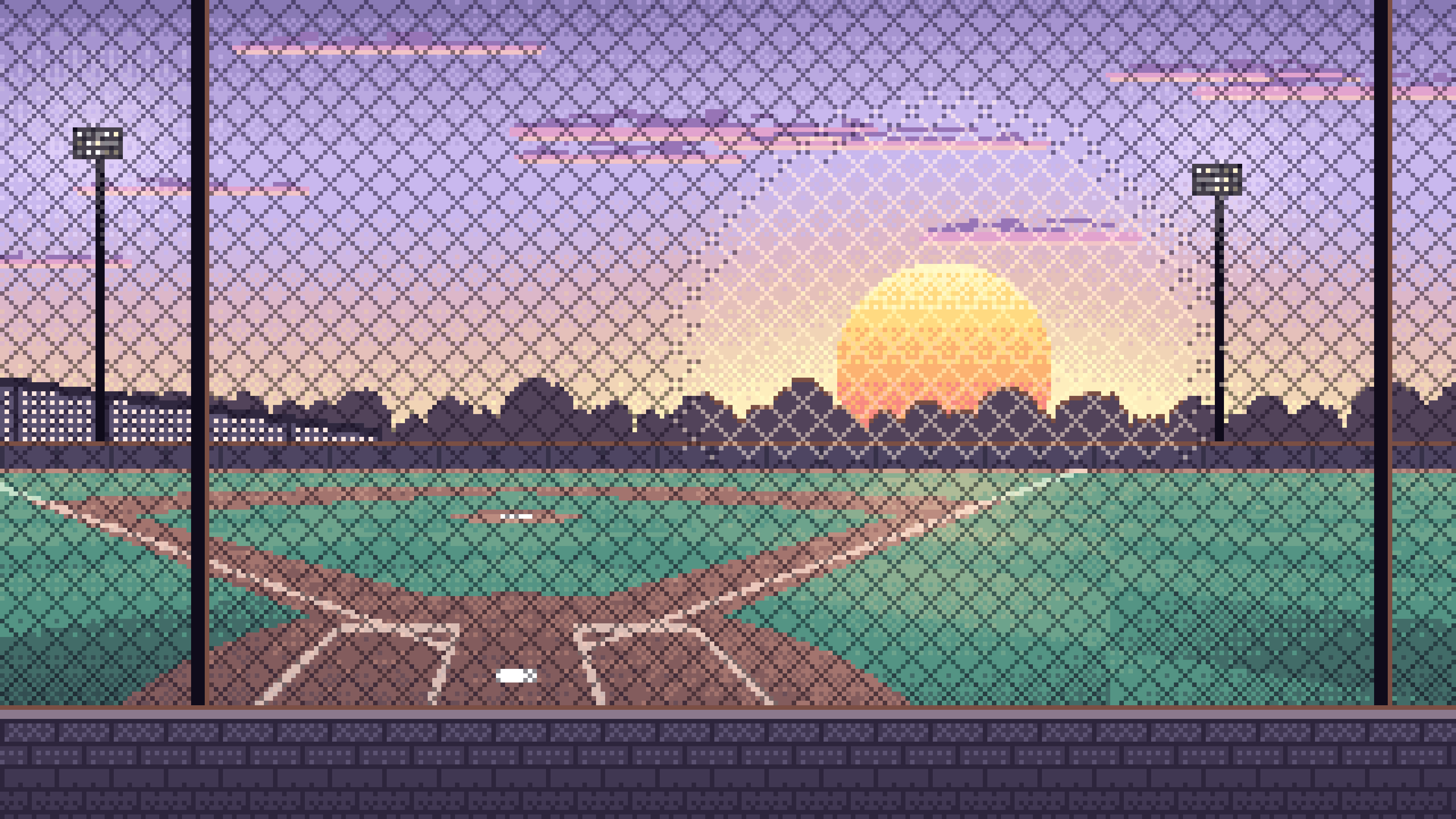 Lavender Pixel Art Baseball Field at Sunset desktop wallpaper in 4K