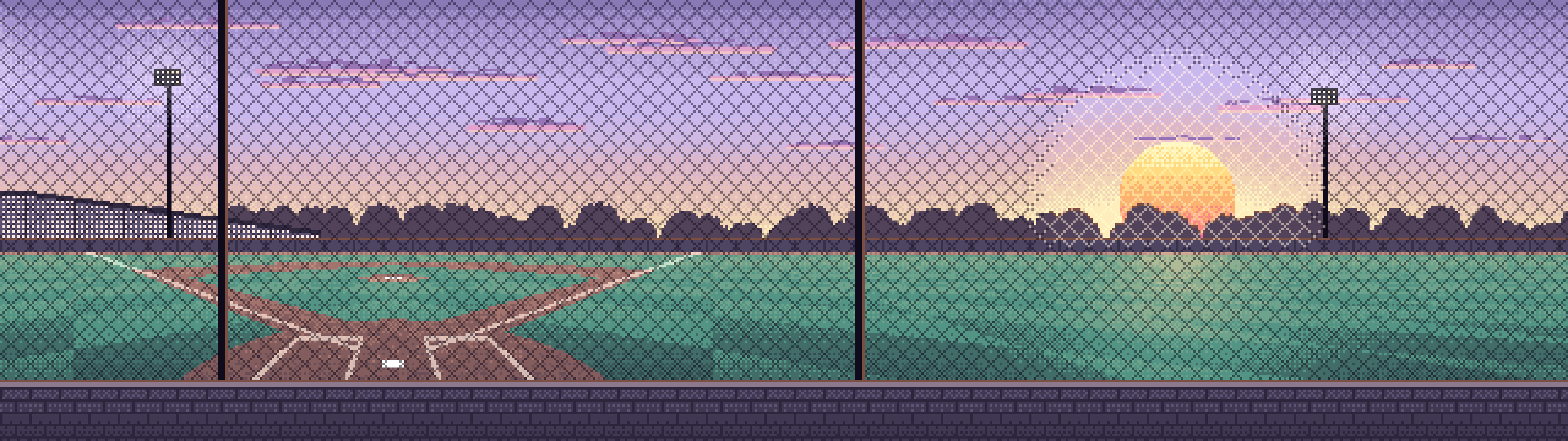 Lavender Pixel Art Baseball Field at Sunset dual monitor wallpaper, 7680 × 2160