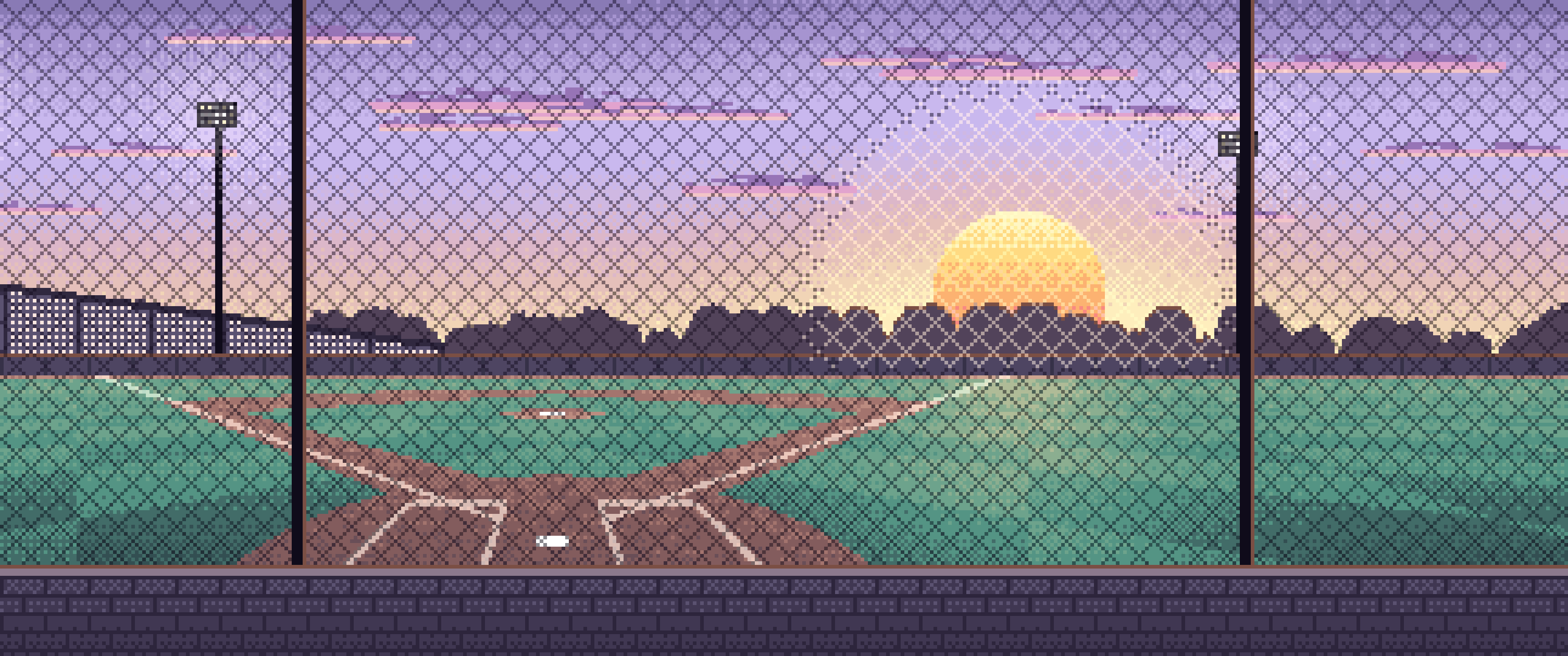 Lavender Pixel Art Baseball Field at Sunset ultrawide wallpaper, 3440 × 1440