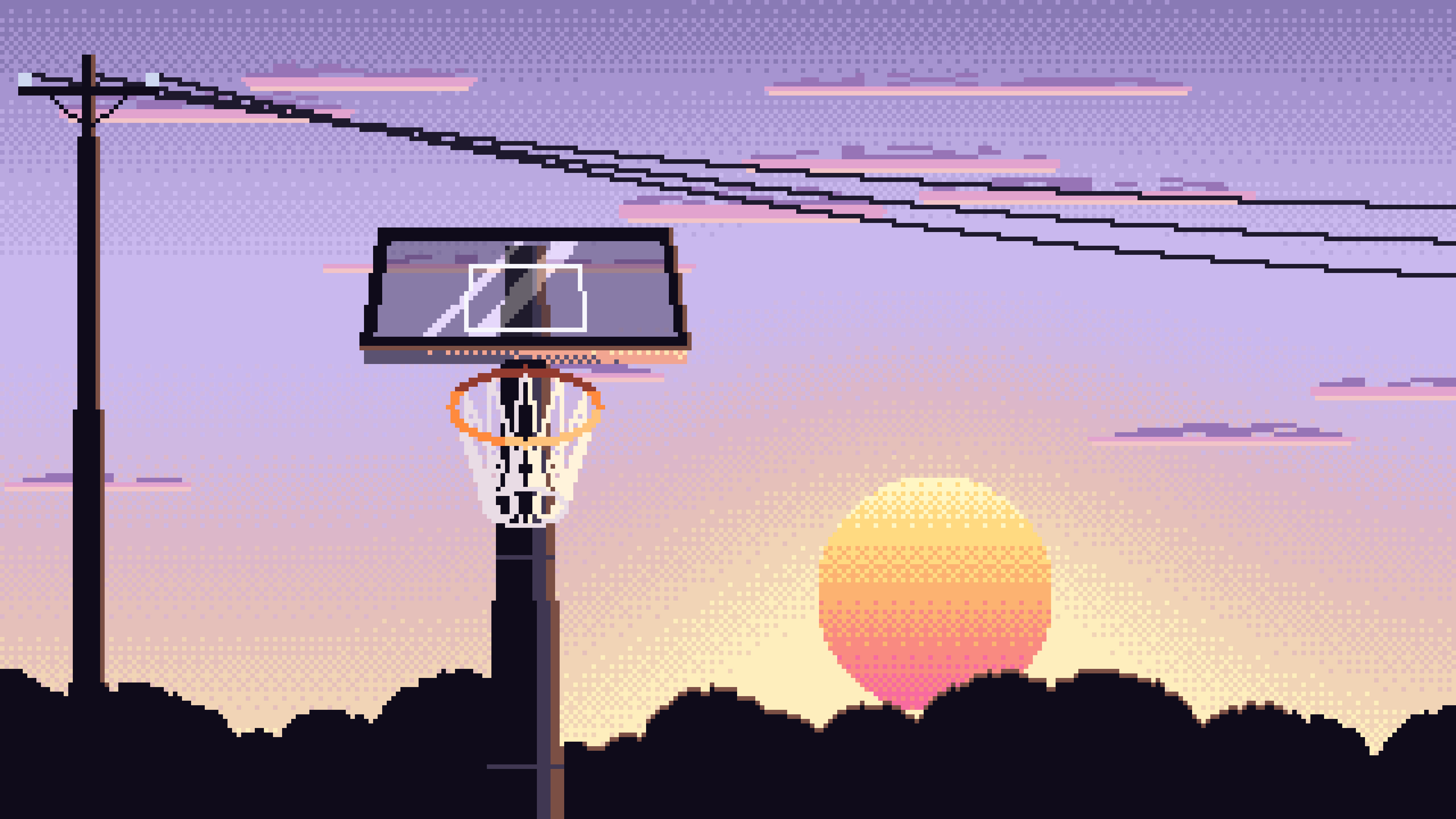 Lavender Pixel Art Basketball Hoop at Sunset desktop wallpaper in 4K