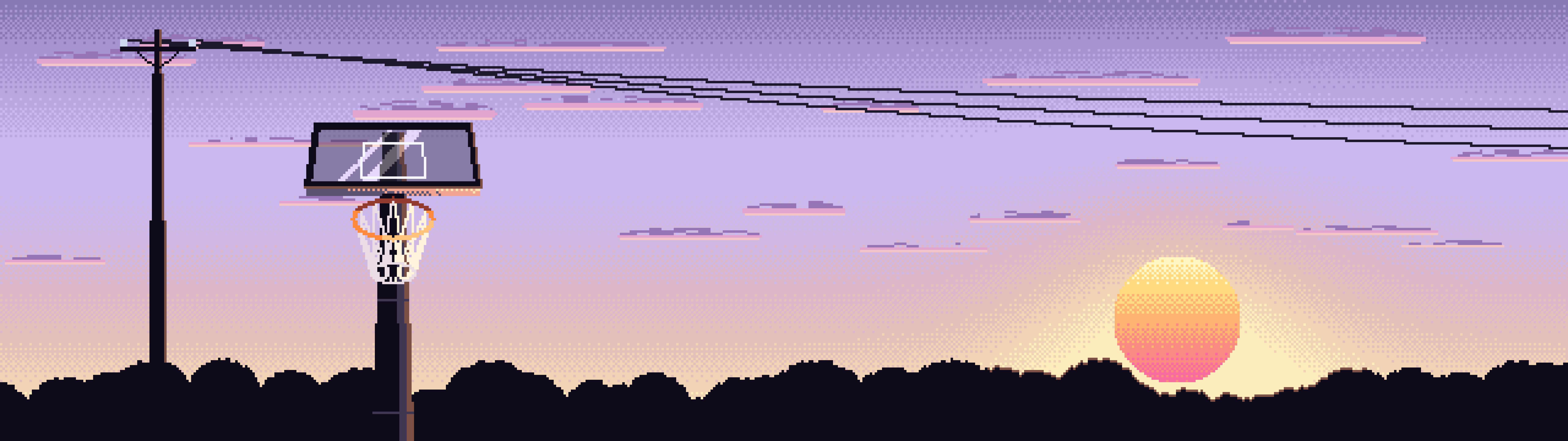 Lavender Pixel Art Basketball Hoop at Sunset dual monitor wallpaper, 7680 × 2160