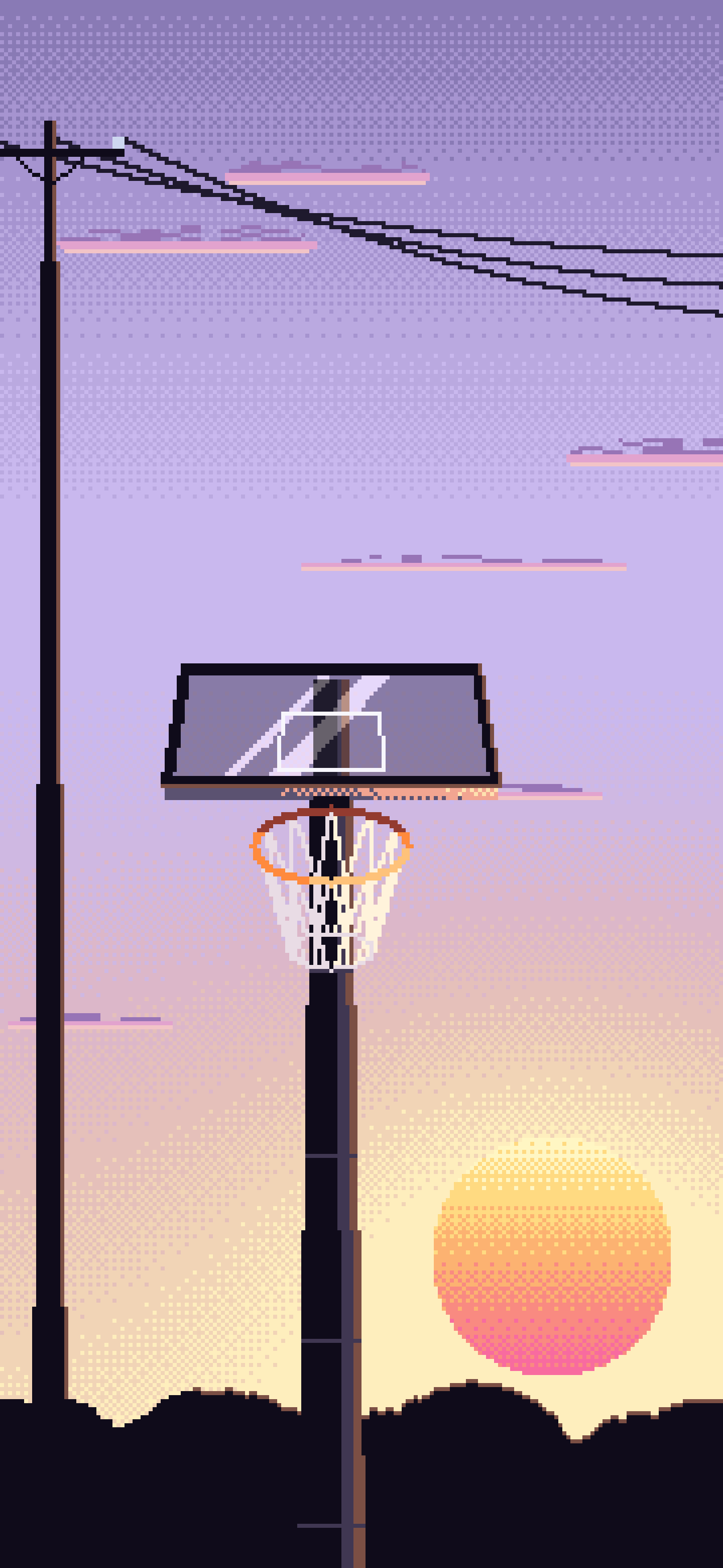 Lavender Pixel Art Basketball Hoop at Sunset wallpaper for iPhone and Android