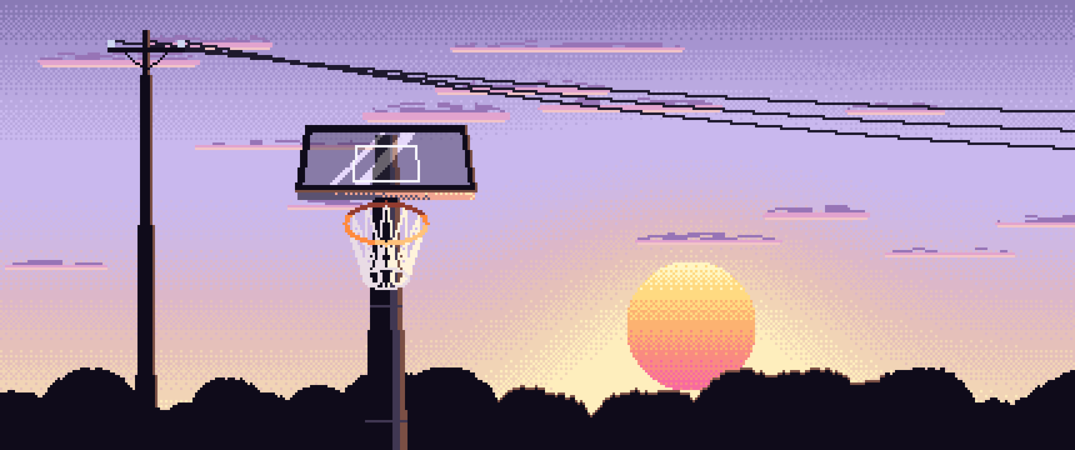 Lavender Pixel Art Basketball Hoop at Sunset ultrawide wallpaper, 3440 × 1440