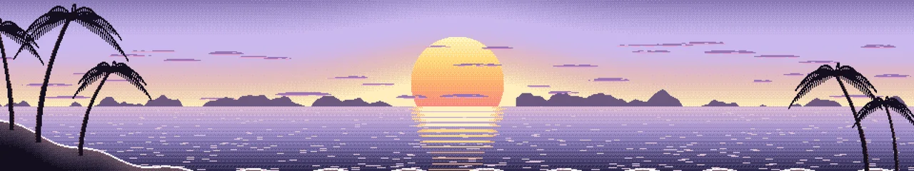 Lavender Pixel Art Beach Sunset triple monitor wallpaper, 7680 × 1440