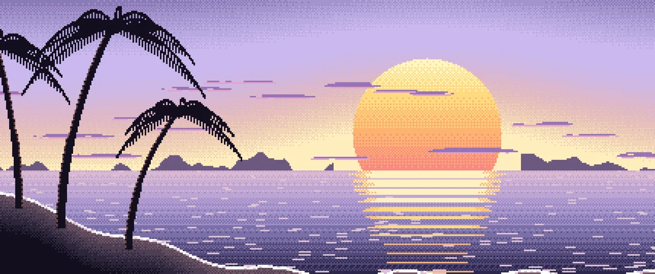 Lavender Pixel Art Beach Sunset ultrawide wallpaper, 3440 × 1440