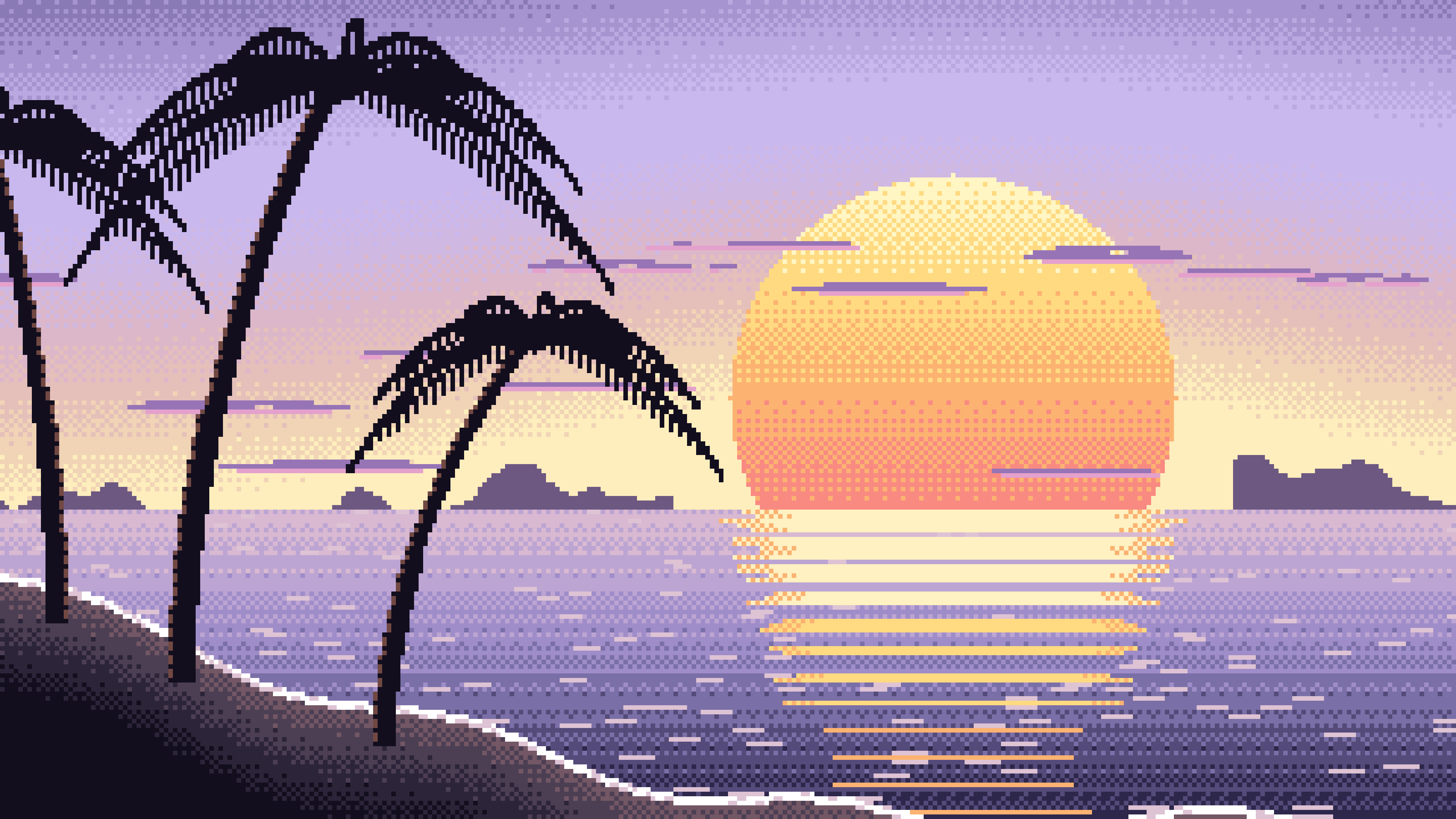 Lavender Pixel Art Beach Sunset desktop wallpaper in 4K