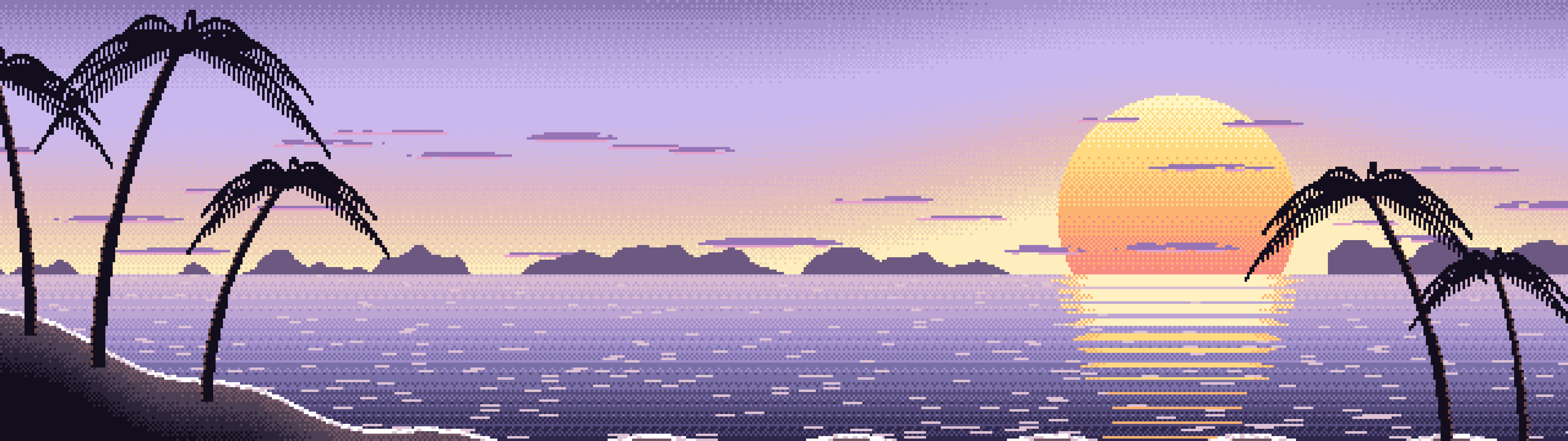 Lavender Pixel Art Beach Sunset dual monitor wallpaper, 7680 × 2160
