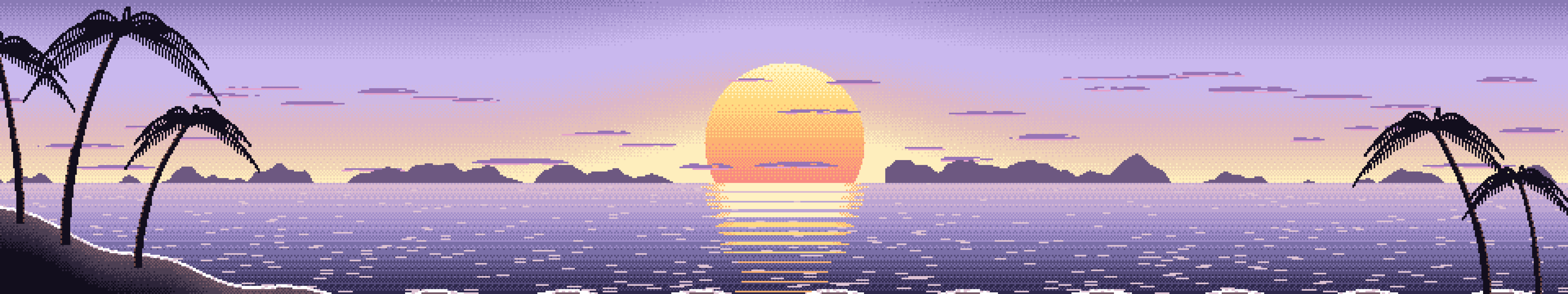 Lavender Pixel Art Beach Sunset triple monitor wallpaper, 7680 × 1440