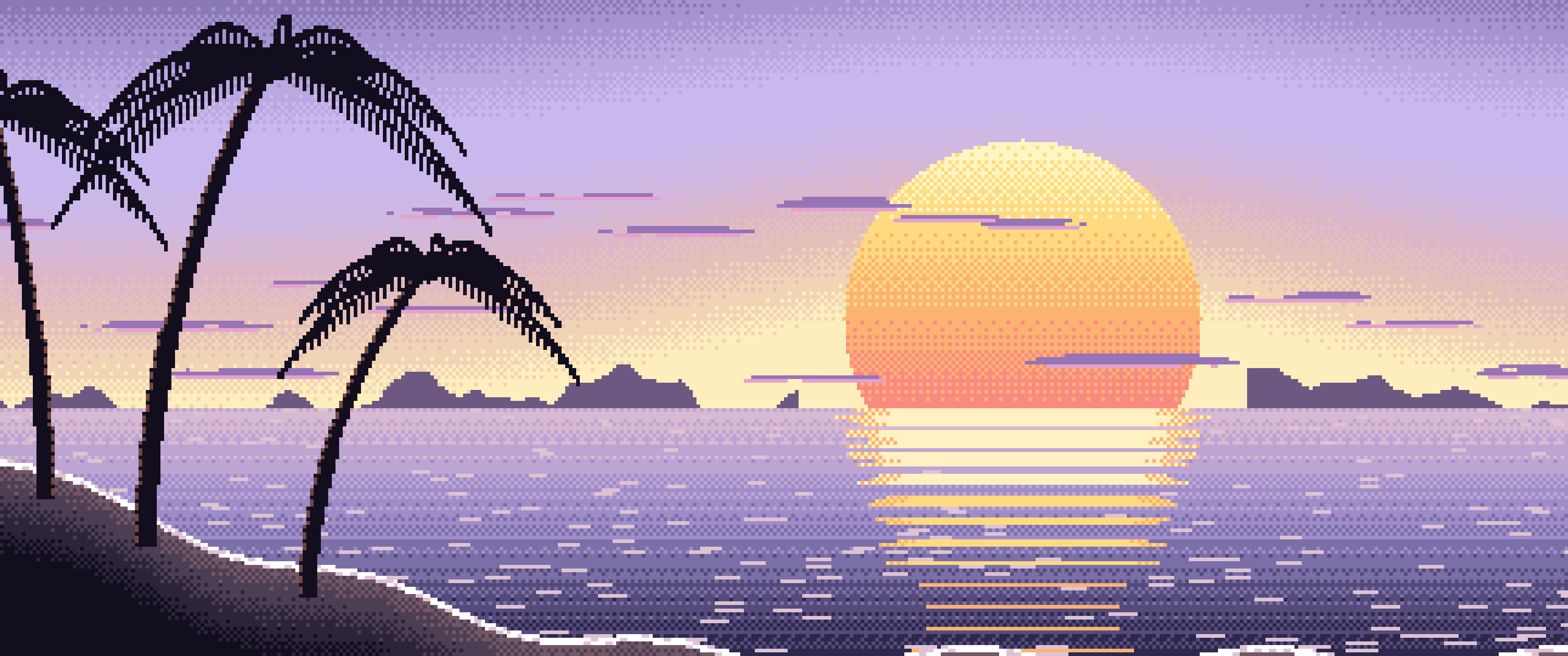 Lavender Pixel Art Beach Sunset ultrawide wallpaper, 3440 × 1440