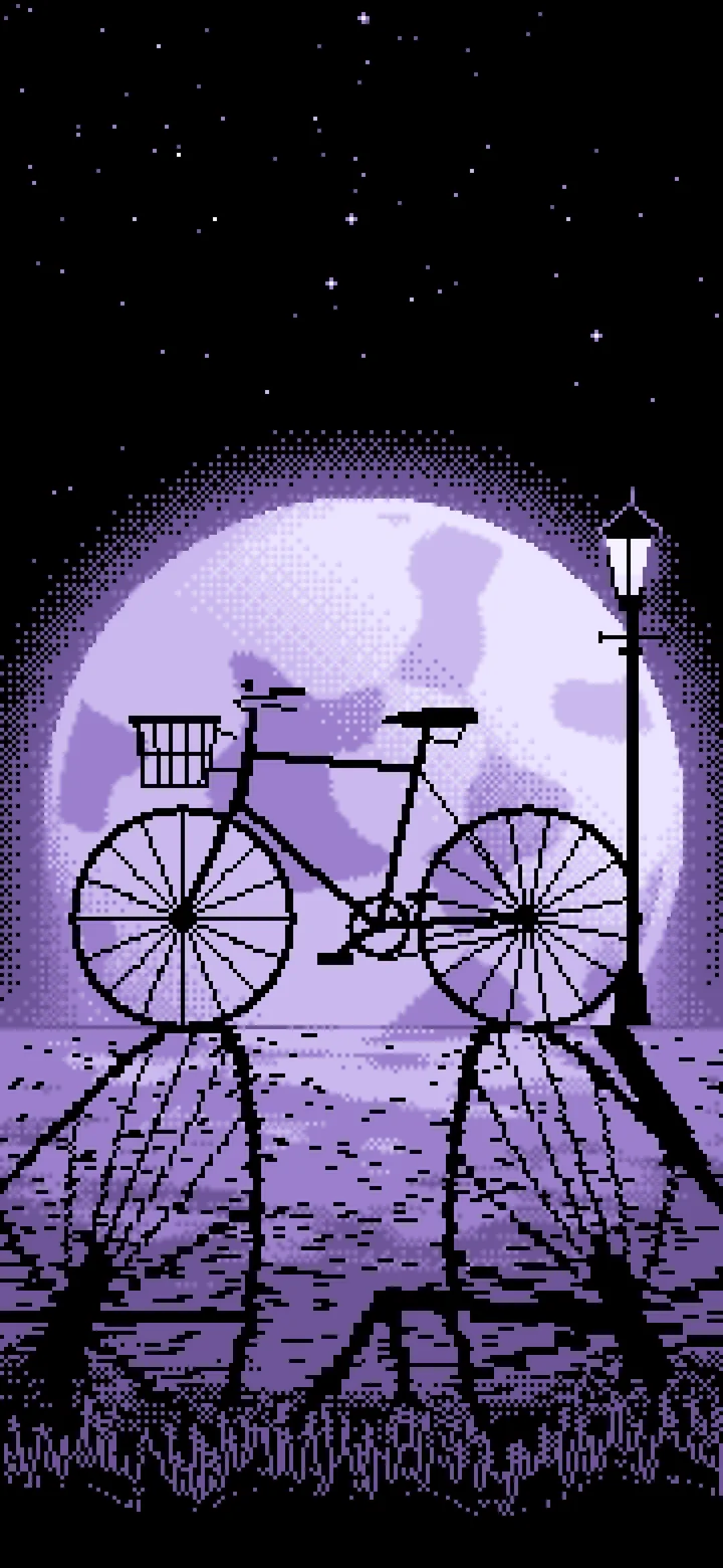 Lavender Pixel Art Bicycle by a Street Lamp wallpaper for iPhone and Android