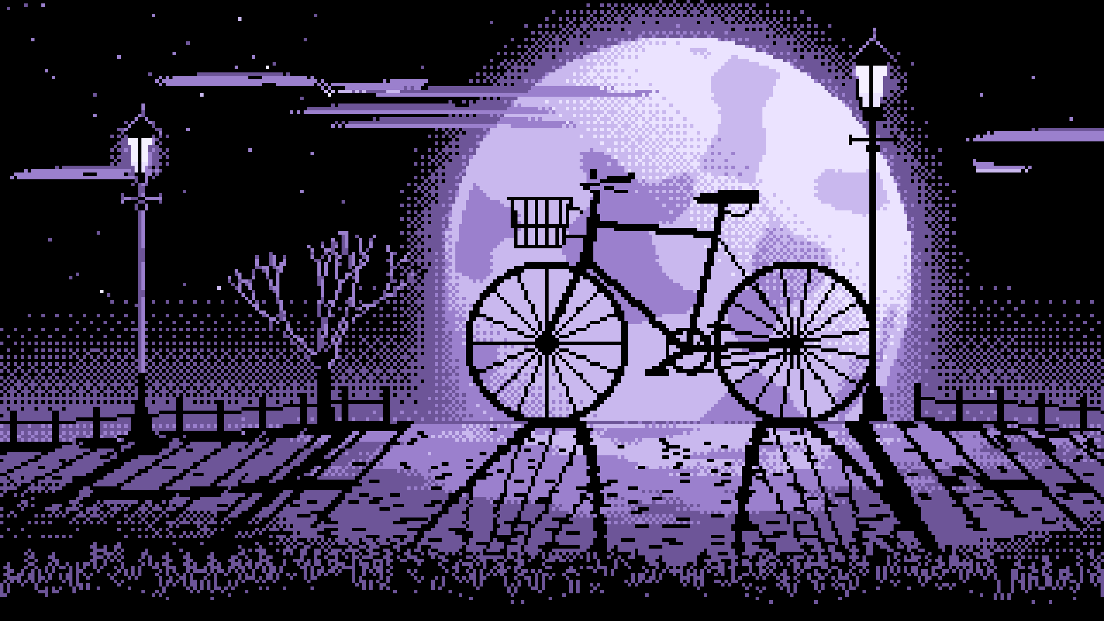 Lavender Pixel Art Bicycle by a Street Lamp desktop wallpaper in 4K