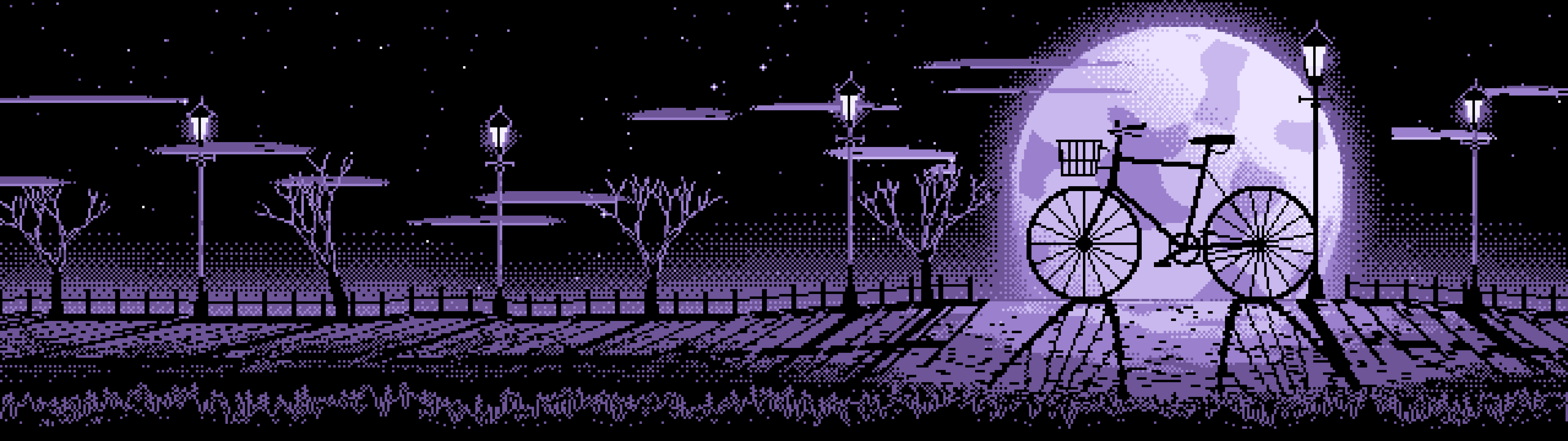Lavender Pixel Art Bicycle by a Street Lamp dual monitor wallpaper, 7680 × 2160