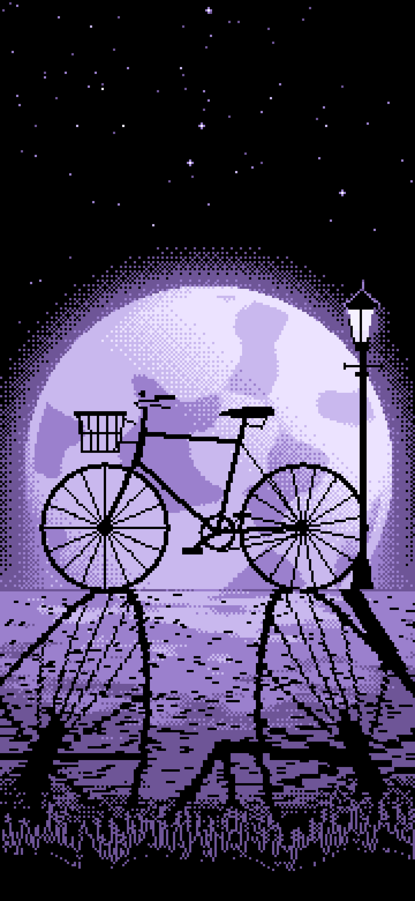 Lavender Pixel Art Bicycle by a Street Lamp wallpaper for iPhone and Android